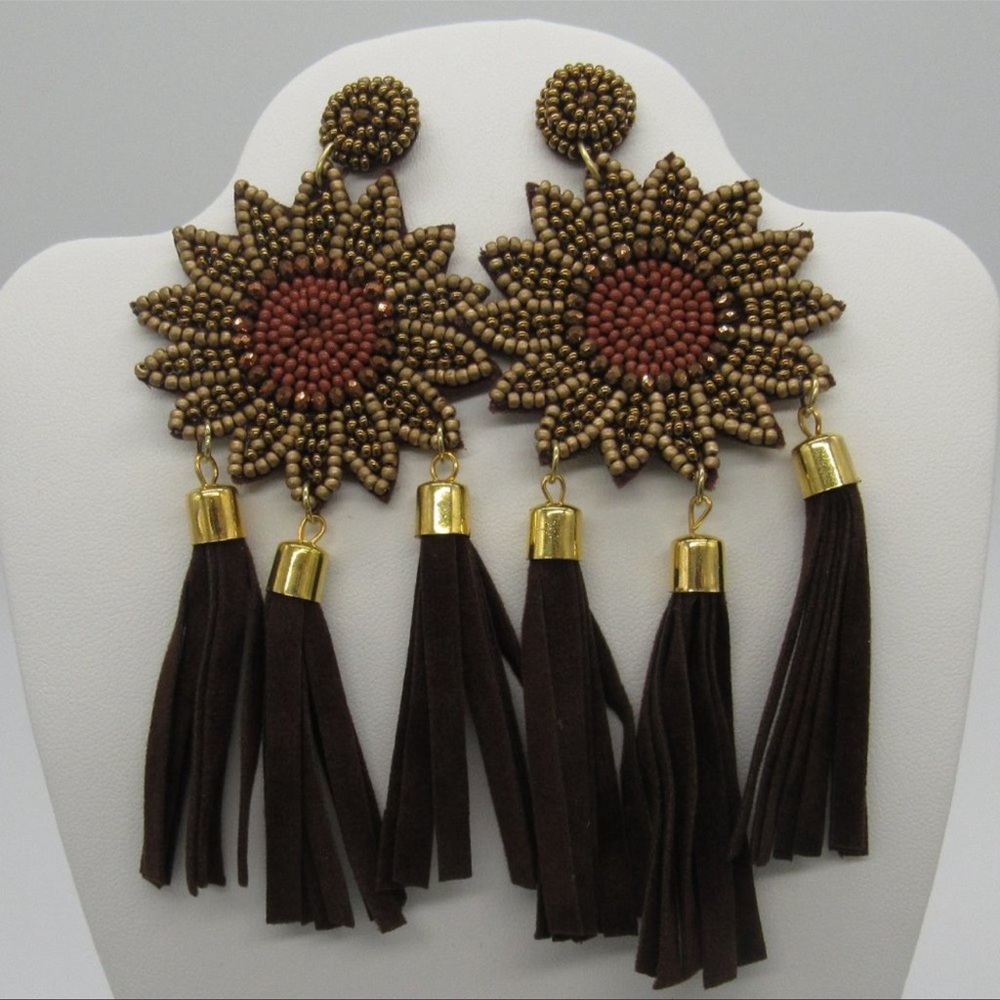 Sunflower Bead Tassel Earrings